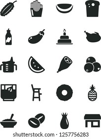 Solid Black Vector Icon Set - measuring cup for feeding vector, a chair child, birthday cake, Easter, bowl of buckwheat porridge, chicken, grill leg, coffee beans, fried potato slices, glass tea