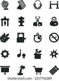 Solid Black Vector Icon Set - globe vector, scientist, sun panel, biology, presentation board, stopwatch, bang, rope barrier, security gate, baggage scanner, passort control, palm tree, cart, golf