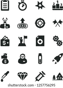 Solid Black Vector Icon Set - pedestal vector, test tube, gears, pipette, scientist, clipboard, rocket, syringe, stopwatch, bang, man with flag, star certificate, diamond, money bag hand, aim