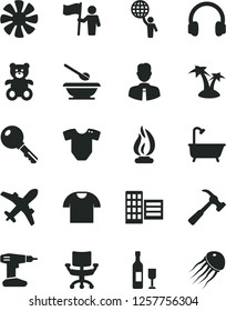 Solid Black Vector Icon Set - t short vector, plates and spoons, teddy bear, drill, bath, city block, hammer with claw, employee, key, shirt, fan, headphones, chair, flame, man hold world, flag