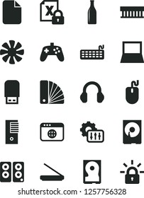 Solid Black Vector Icon Set - color samples vector, Glass bottle, notebook pc, fan, radiator, encrypting, mouse, keyboard, tower, hdd, scanner, usb flash, headphones, speaker, browser, joystick