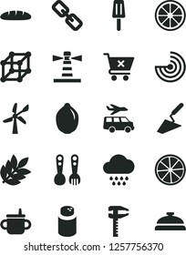 Solid Black Vector Icon Set - spectacles vector, mug for feeding, powder, cloud, plastic fork spoons, trowel, crossed cart, loaf, popsicle, juicy lemon, lime, slice of, wind energy, calipers, radar