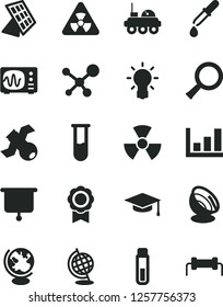 Solid Black Vector Icon Set - test tube vector, molecule, nuclear, zoom, bulb, satellite, pipette, globe, oscilloscope, graduate hat, growth graph, medal, sun panel, antenna, lunar rover, resistor