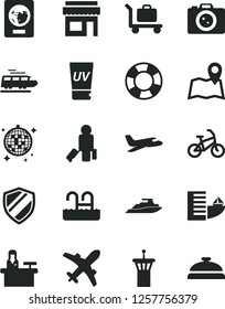 Solid Black Vector Icon Set - plane vector, train, bike, airport tower, passenger, passport, hotel, uv cream, disco ball, pool, baggage, camera, map, receptionist, shield, store, lifebuoy, yacht