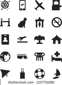 Solid Black Vector Icon Set - earth vector, plane, bus, hang glider, rope barrier, identity card, security gate, rolling suitcase, baggage scanner, phone registration, departure, boungalow, pets