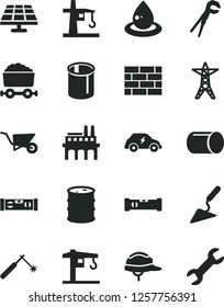 Solid Black Vector Icon Set - crane vector, brickwork, building trolley, trowel, adjustable wrench, construction level, helmet, solar panel, barrel, power line, industrial enterprise, drop of oil