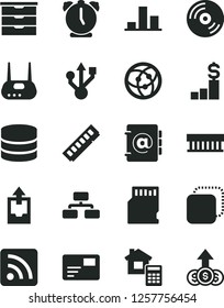 Solid Black Vector Icon Set - rss feed vector, upload archive data, storage unit, estimate, alarm clock, CD, flowchart, address book, pass card, copy, chart, radiator fan, memory, usb, router, sd