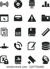 Solid Black Vector Icon Set - warning vector, add bookmark, folder, e, big data, server, drawer, notes, phone call, SIM, chart, book on statistics, scientific publication, encrypting, memory, cd