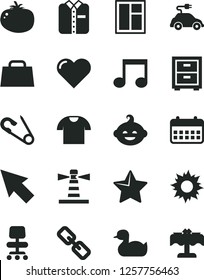 Solid Black Vector Icon Set - spectacles vector, bedside table, open pin, rubber duck, funny hairdo, window, star, heart, T shirt, folded, tomato, electric car, lighthouse, calendar, hand bag, note