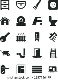 Solid Black Vector Icon Set - house vector, brickwork, building trolley, window, arm saw, stepladder, sink, comfortable toilet, siphon, power socket type b, key, door knob, spatula, faucet mixer