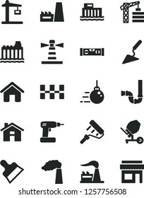 Solid Black Vector Icon Set - house vector, tower crane, big core, building trowel, concrete mixer, cordless drill, paint roller, siphon, level, ceramic tiles, putty knife, manufacture, factory