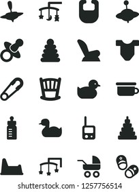 Solid Black Vector Icon Set - cradle vector, toys over the, cot, dummy, feeding bottle, bib, Child T shirt, car seat, baby carriage, safety pin, rubber duck, duckling, stacking rings, toy, phone