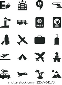 Solid Black Vector Icon Set - passport vector, coastal lighthouse, sand castle, helicopter, dollar pin, plane, bus, passenger, suitcase, rolling, departure, hotel, tent, palm tree, transfer