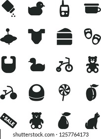 Solid Black Vector Icon Set - baby powder vector, bib, Child T shirt, rubber duck, duckling, toy mobile phone, children's potty, teddy bear, small, yule, bicycle, tricycle, shoes for little children
