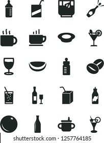 Solid Black Vector Icon Set - mug for feeding vector, bottle, measuring, e, packing of juice with a straw, coffee, plate milk, beans, cup tea, glass soda, cocktail, orange, liquor, piece coconut