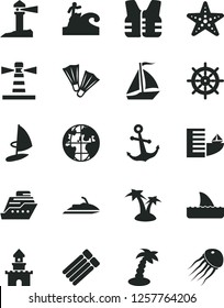Solid Black Vector Icon Set - anchor vector, lighthouse, coastal, planet, sand castle, sail boat, hotel, palm tree, starfish, flippers, surfing, handwheel, life vest, jet ski, cruiser, shark fin
