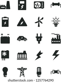 Solid Black Vector Icon Set - lightning vector, dangers, charging battery, wind energy, accumulator, light bulb, hydroelectricity, power pole, electric plug, industrial building, thermal plant