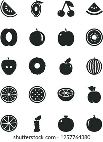 Solid Black Vector Icon Set - cherry vector, peach, apple, pomegranate, apricot, tasty, water melon, slice of, half mango, tangerine, kiwi, passion fruit, orange, lemon, pineapple, grapefruit, stub