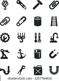 Solid Black Vector Icon Set - clip vector, safety pin, iron fork spoons, hook, winch, adjustable wrench, stepladder, sewerage, gear, stationery knife, kitchen faucet, hammer, anchor, tin, canister