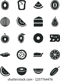 Solid Black Vector Icon Set - piece of cheese vector, pizza, slices onion, cake, slice, orange, sandwich, water melon, half mango, delicious plum, cherry, kiwi, lemon, pineapple, part guava