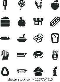Solid Black Vector Icon Set - kiosk vector, stick of sausage, loaf, fried vegetables on sticks, Hot Dog, mini, muffin, piece cake, slice, with a hole, bowl buckwheat porridge, lollipop, popcorn, cup