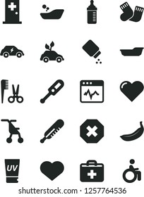 Solid Black Vector Icon Set - heart symbol vector, mark of injury, first aid kit, measuring bottle for feeding, baby powder, sitting stroller, electronic thermometer e, mercury, children's bathroom