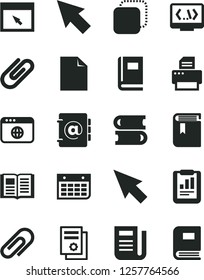 Solid Black Vector Icon Set - clip vector, clean sheet of paper, book, books, address, copy, statistical report, scientific publication, wall calendar, newspaper, printer, browser, coding, cursor