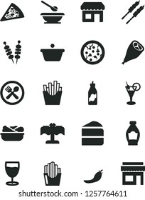 Solid Black Vector Icon Set - plates and spoons vector, fried vegetables on sticks, pizza, piece of, cake, lettuce in a plate, grill chicken leg, barbecue, French fries, potato slices, glass, bottle