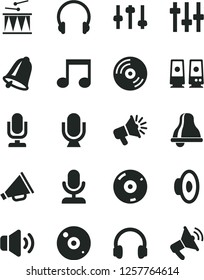 Solid Black Vector Icon Set - bell vector, desktop microphone, horn, loudspeaker, drumroll, headphones, CD, volume, pc speaker, note, settings