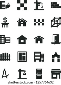 Solid Black Vector Icon Set - house vector, box of bricks, dwelling, brick wall, window, interroom door, buildings, city block, tile, ceramic tiles, hedge, home, tower crane, Construction, 3d cube