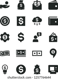 Solid Black Vector Icon Set - purse vector, denomination of the dollar, financial item, catch a coin, wallet, dollars, cash, money rain, bag, gear, idea, mail, dialog, pin, atm