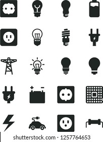 Solid Black Vector Icon Set - lightning vector, matte light bulb, power socket type b, f, charge level, accumulator, pole, plug, electric, energy saving, car, processor, resistor