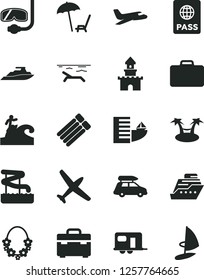 Solid Black Vector Icon Set - suitcase vector, passport, sand castle, plane, car baggage, camper, hotel, beach, arnchair under umbrella, hawaii wreath, aquapark, diving mask, surfing, cruiser, yacht