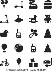Solid Black Vector Icon Set - baby rattle vector, duckling, bath ball, stacking rings, toy, phone, mobile, small teddy bear, yule, rocking horse, cubes for children, colored air balloons, balloon