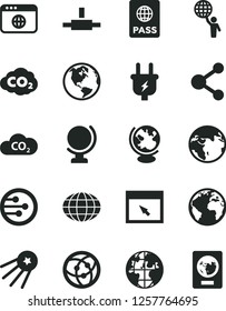 Solid Black Vector Icon Set - sign of the planet vector, globe, passport, plug, CO2, carbon dyoxide, connection, network, browser, connect, man hold world, first satellite, earth