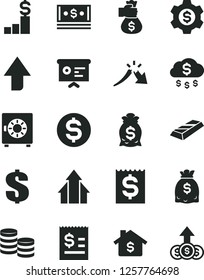 Solid Black Vector Icon Set - upward direction vector, dollar, strongbox, coins, a crisis, article on the, financial item, dollars, cash, report, growth arrows, gold bar, money bag hand, rain, gear