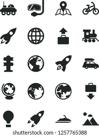 Solid Black Vector Icon Set - sign of the planet vector, baby toy train, map, earth, rocket, globe, lunar rover, car baggage, air balloon, bike, getting, diving mask, signpost, jet ski, mountains