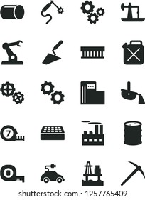 Solid Black Vector Icon Set - gears vector, trowel, measuring tape, long meashuring, brick, sea port, oil derrick, modern gas station, barrel, industrial building, canister, electric car, pipe