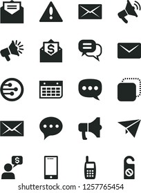 Solid Black Vector Icon Set - warning vector, envelope, received letter, speech, smartphone, megaphone, copy, loudspeaker, wall calendar, mobile phone, network, mail, dialog, paper plane, money