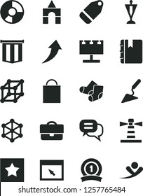 Solid Black Vector Icon Set - paper bag vector, Knitted Socks, box of bricks, building trowel, notebook, label, lighthouse, billboard with illumination, portfolio, ring diagram, browser, 3d cube