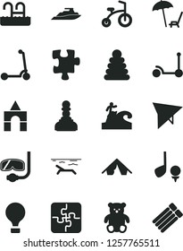 Solid Black Vector Icon Set - stacking rings vector, small teddy bear, box of bricks, child bicycle, Kick scooter, Puzzle, Puzzles, pawn, air balloon, hang glider, tent, beach, pool, diving mask