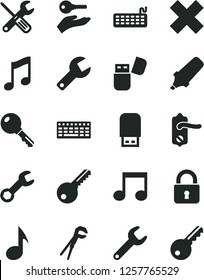 Solid Black Vector Icon Set - repair key vector, cross, small tools, adjustable wrench, door knob, lock, music, text highlighter, keyboard, usb flash, note, arm with
