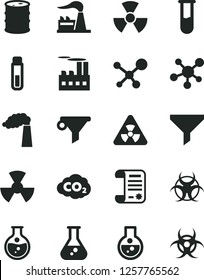 Solid Black Vector Icon Set - round flask vector, manufacture, factory, barrel, industrial building, radiation, carbon dyoxide, filter, water, research article, test tube, molecule, nuclear