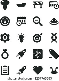 Solid Black Vector Icon Set - zoom out vector, remove label, bath, Puzzles, traffic signal, heart, mushroom, slice of water melon, space rocket, agenda, schedule clock, dna, bulb, clipboard, target