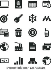 Solid Black Vector Icon Set - sign of the planet vector, scribbled paper, key, calculation, passport, cards, industrial building, bar chart, scheme, wall calendar, mobile phone, conversation, target