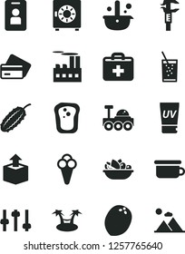 Solid Black Vector Icon Set - first aid kit vector, children's potty, strongbox, unpacking, a plate of fruit, glass soda, cone, sandwich, coconut, cucumber, industrial building, caliper, metallurgy