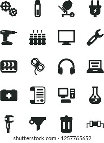 Solid Black Vector Icon Set - laptop vector, monitor, bag of a paramedic, gears, concrete mixer, drill, hawser, radiator, flask, plug, conveyor, steel repair key, caliper, water filter, computer