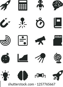 Solid Black Vector Icon Set - artificial satellite vector, magnet, mercury thermometer, sd card, telescope, bulb, brain, book, globe, calculator, growth graph, radar, robot, rocket, stopwatch