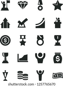 Solid Black Vector Icon Set - star vector, coins, money, growth graph, award, gold cup, man hands up, arrows, with flag, pennant, medal, hero, diamond, ring, confirm, dollar coin, speaker