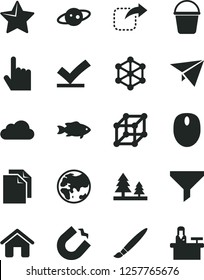Solid Black Vector Icon Set - tassel vector, clean paper, house, bucket, star, index finger, move right, fish, planet, forest, horseshoe magnet, filter, mouse, cloud, saturn, 3d cube, vote check